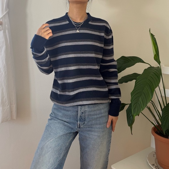 Banana Republic 100% Merino Wool Navy Grey Striped Sweater Preppy Size M - Picture 4 of 10